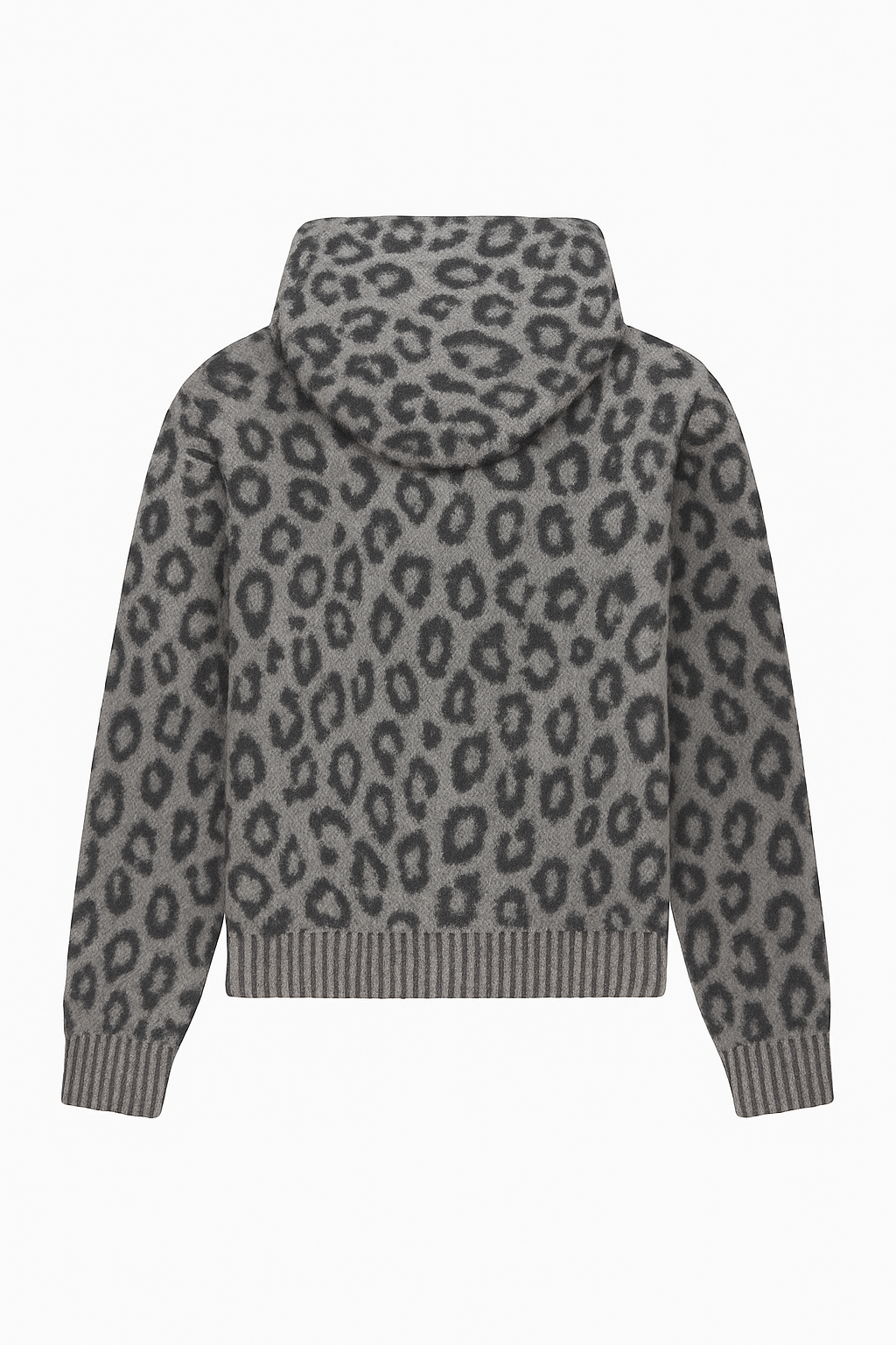 Grey Leopard Print Zip-Up Knit Hoodie