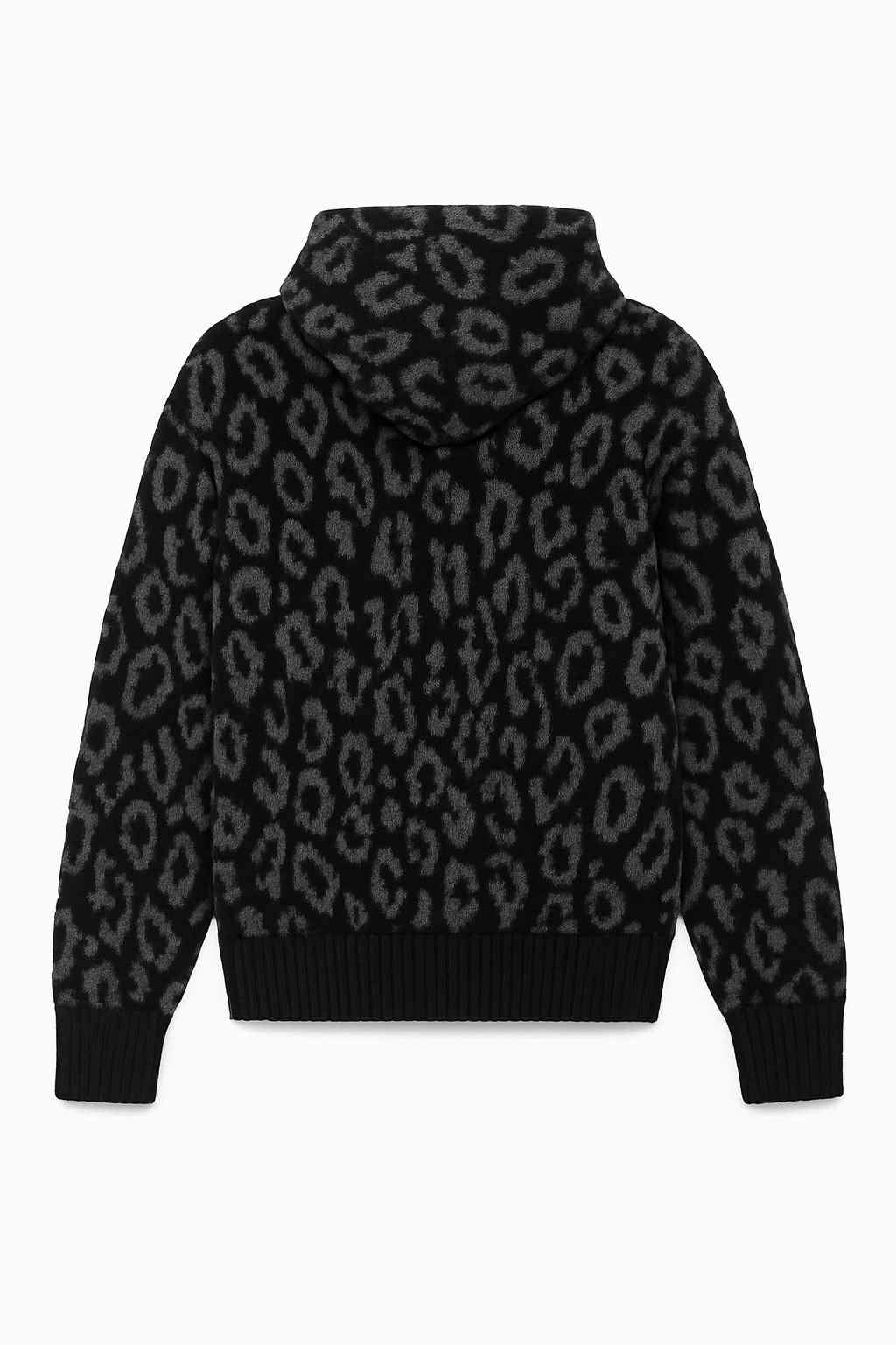 Black Leopard Print Zip-Up Knit Hoodie