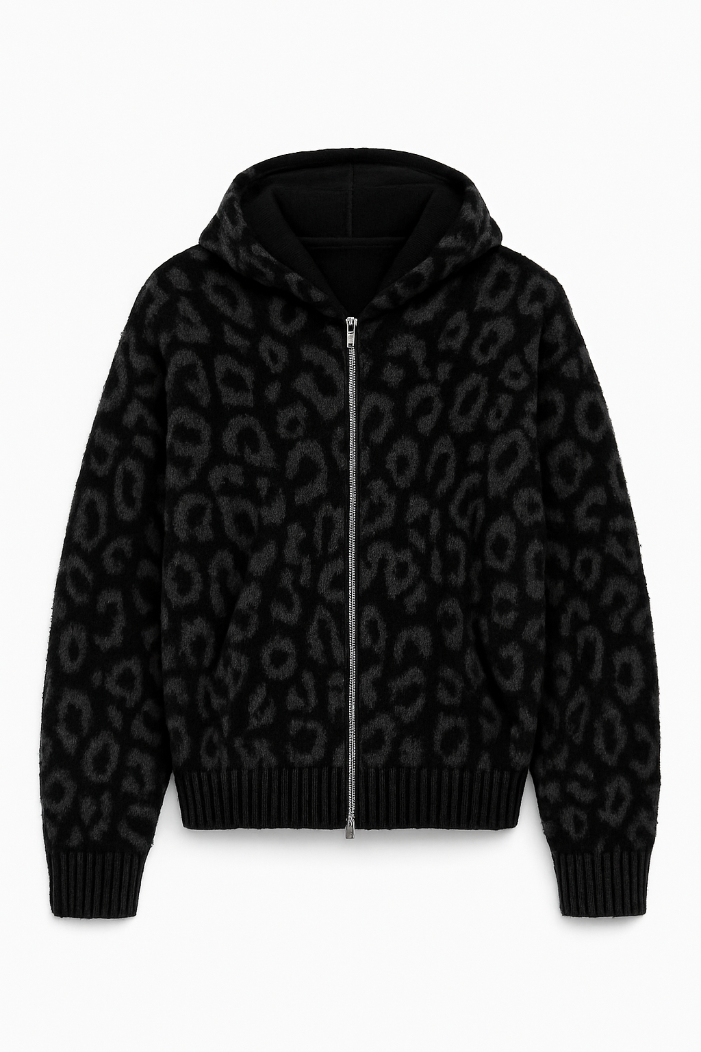 Black Leopard Print Zip-Up Knit Hoodie