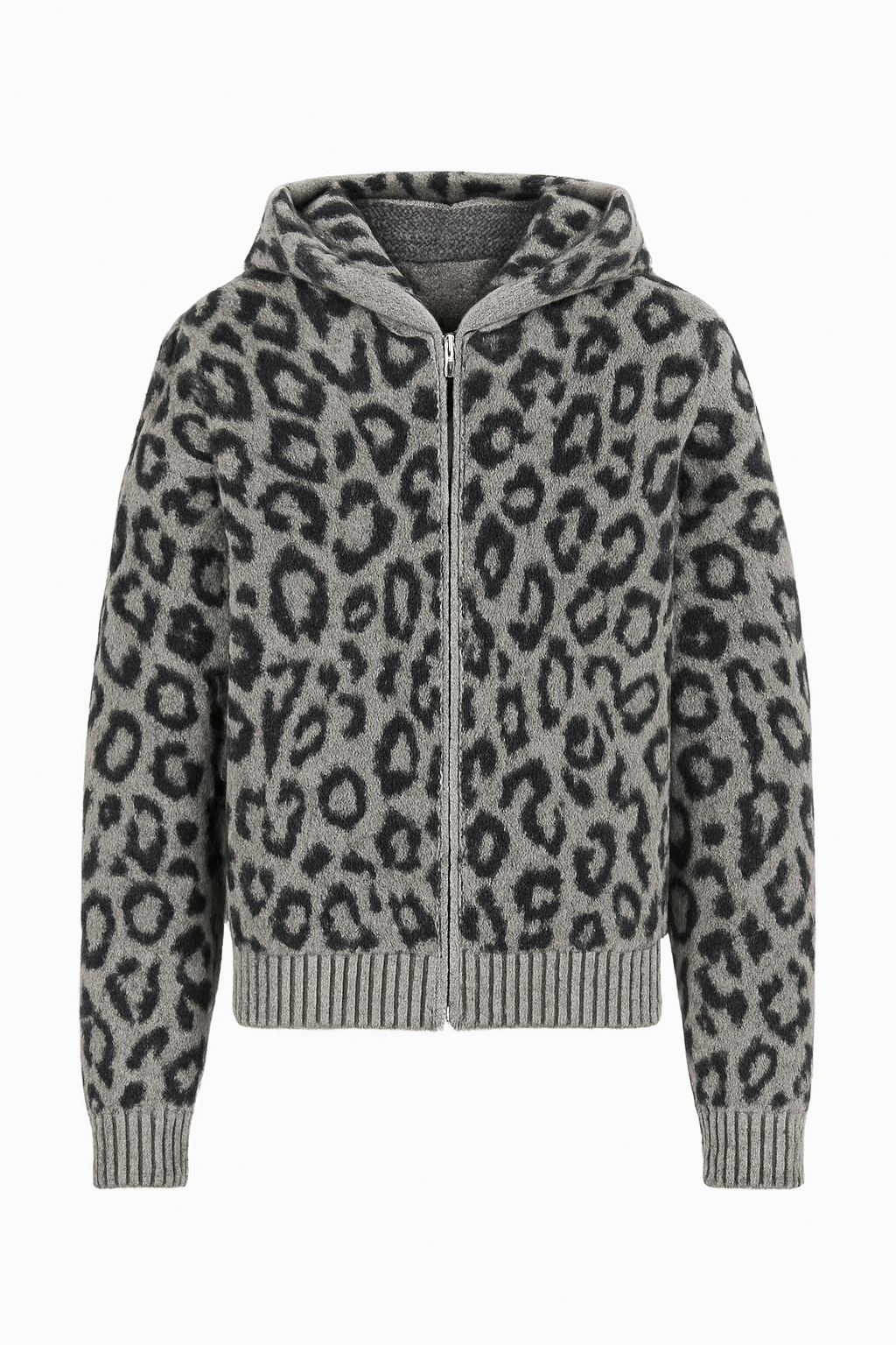 Grey Leopard Print Zip-Up Knit Hoodie