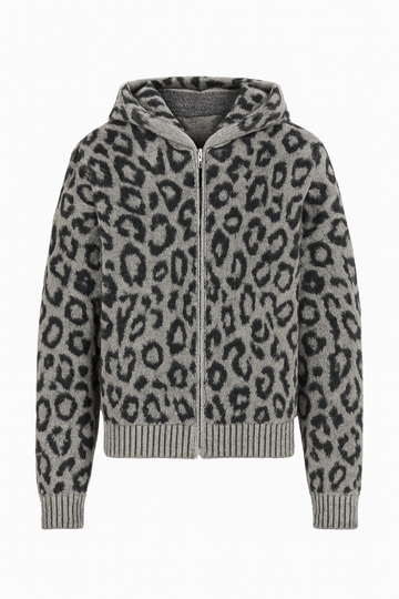 Grey Leopard Print Zip-Up Knit Hoodie