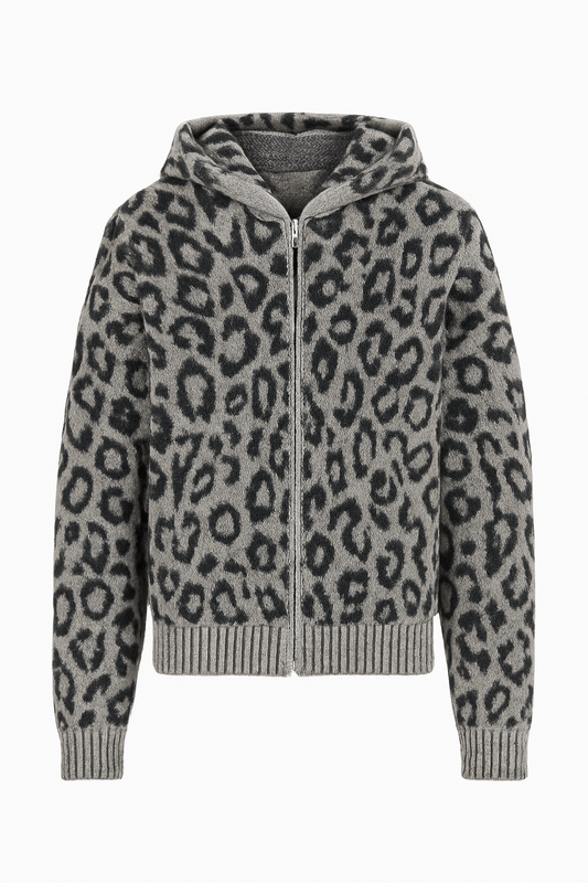 Grey Leopard Print Zip-Up Knit Hoodie