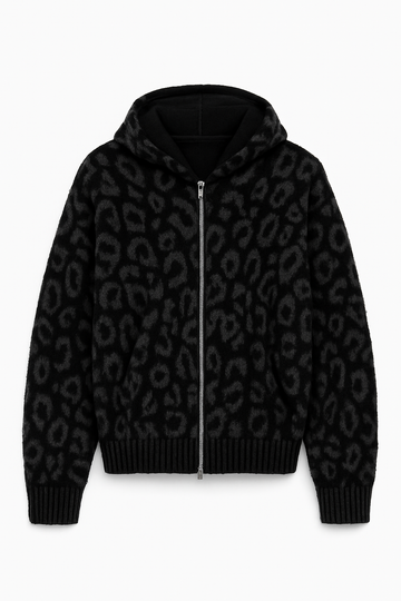 Black Leopard Print Zip-Up Knit Hoodie