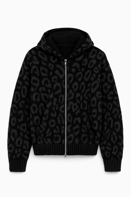 Black Leopard Print Zip-Up Knit Hoodie